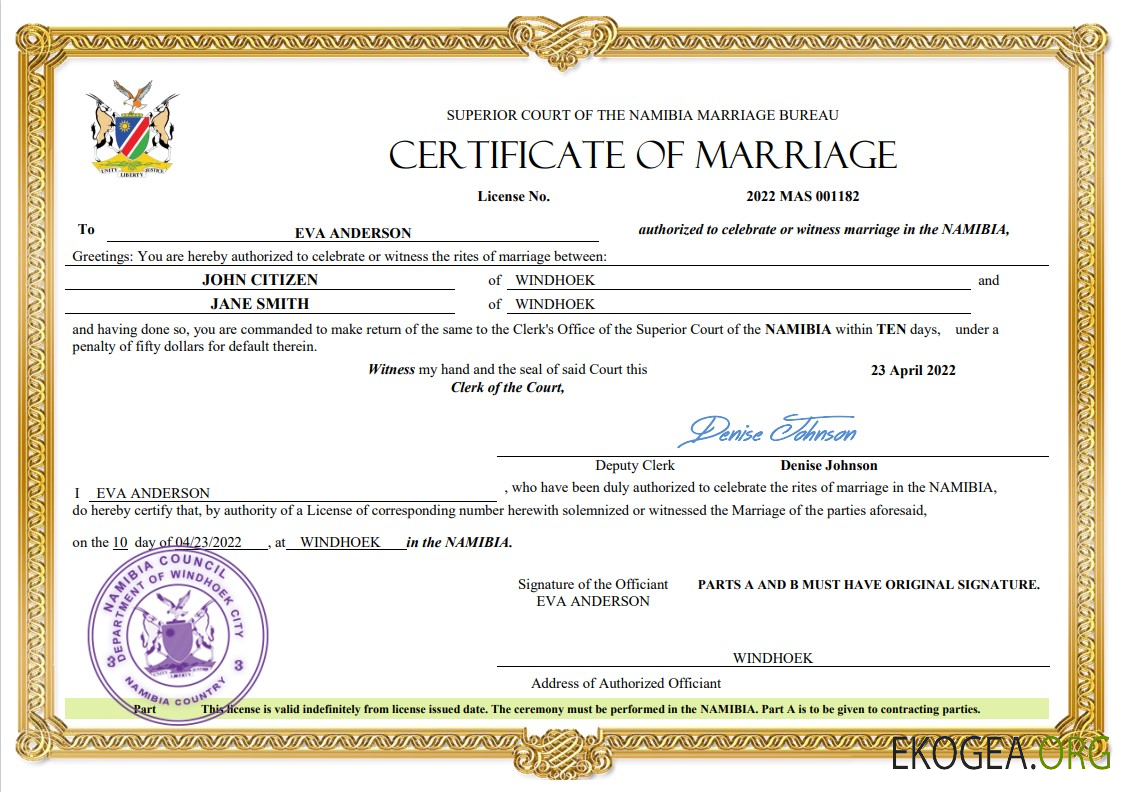 Modèle Word et PDF de certificat de mariage en Namibie